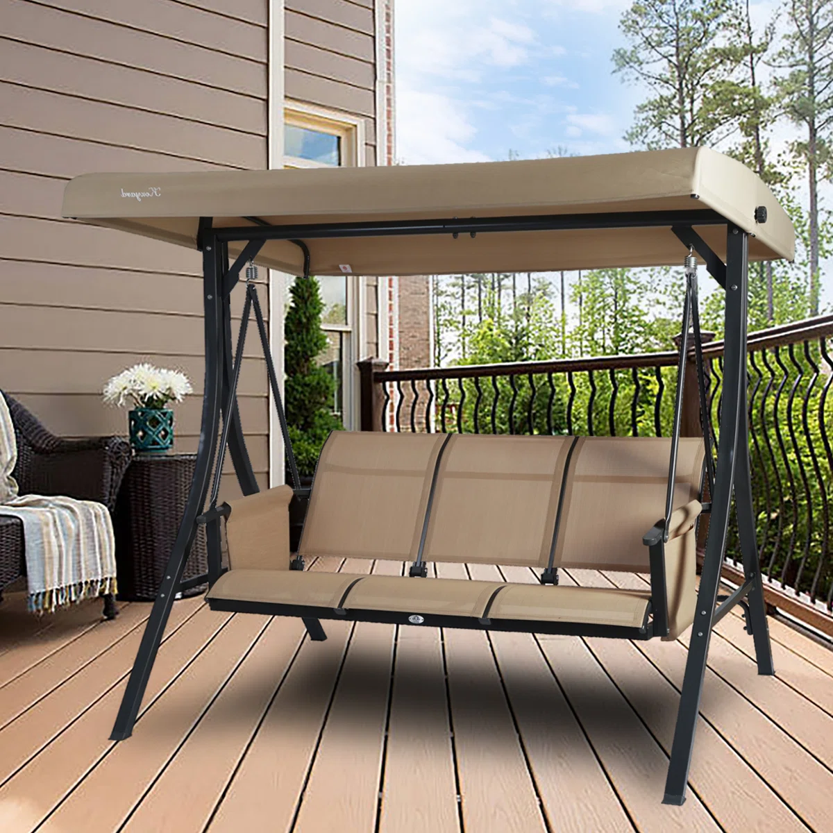 3-Person Patio Swing with Integrated Stand & Adjustable Canopy